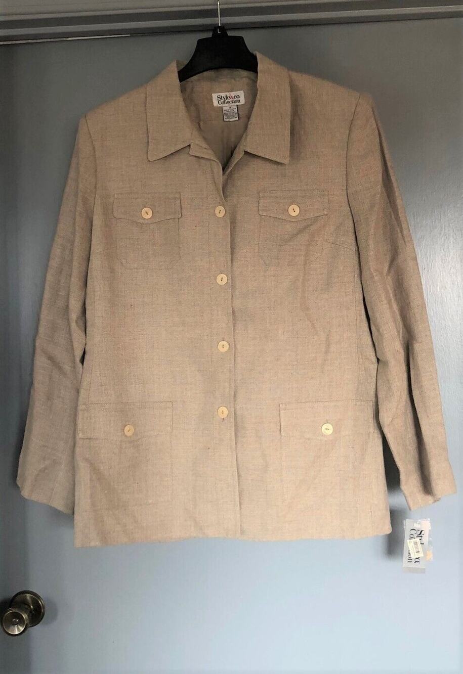 NWT Style & Co Womens lined Jacket size 16 Beige Linen Button Front Pockets